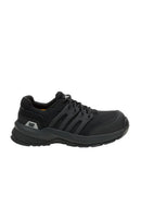 Black sneaker with visible brand logo on a light gray background